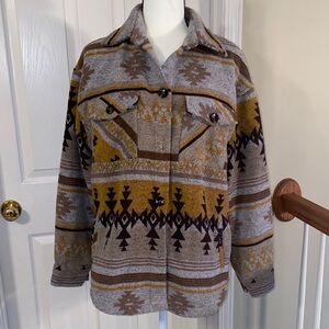 Staccato Aztec Print Tan Brown & Gold Utility Shacket Jacket Women’s Medium